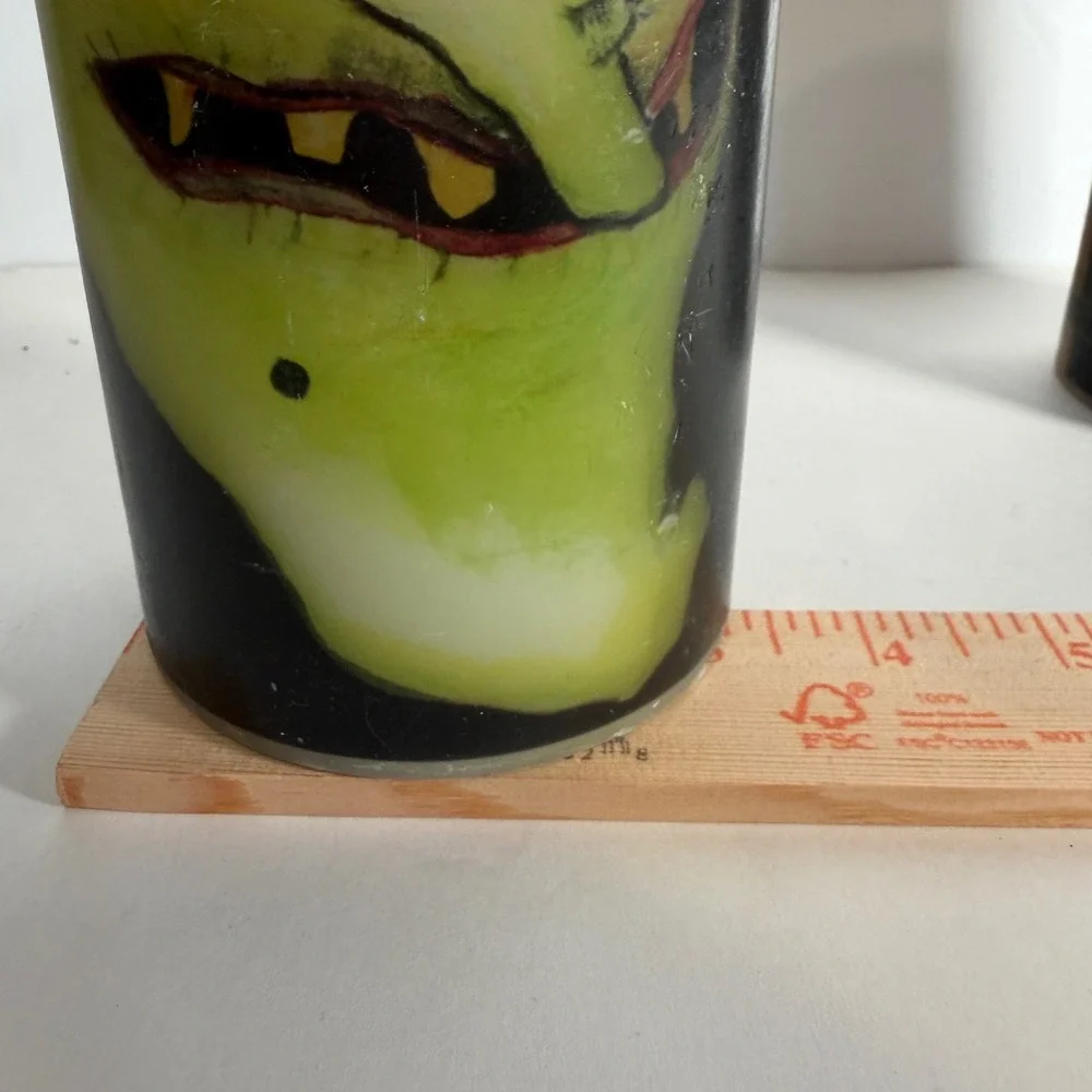 VTG Style Halloween Pillar Candles Set Green Witch Black Cat Fangs 6in Decor